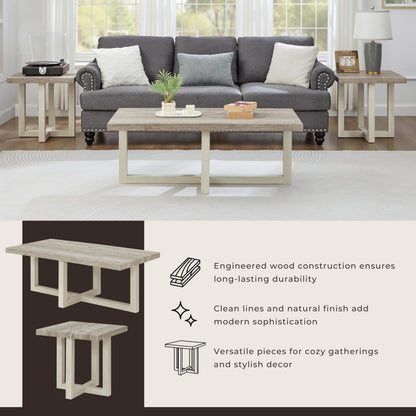 Roundhill Furniture Luno 3-Piece Coffee Table Set, Coffee Table and Two End Tables, Weathered Gray and Beige