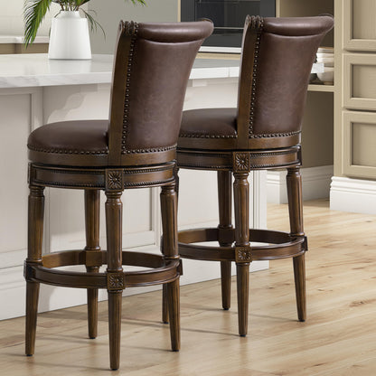 ROME + OAK Runyan 31" Swivel Bar Stool, High Back Barstool in Dark Walnut Finish with Vintage Brown Vegan Leather Seat