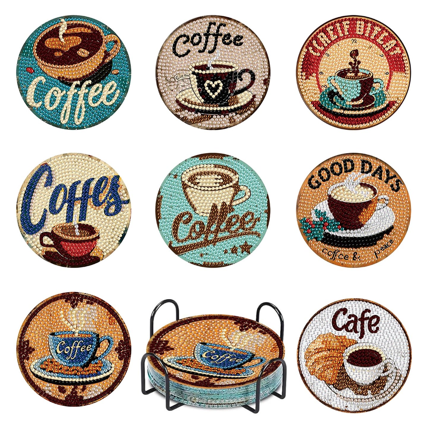 8 Pcs Coffee Diamond Art Coasters Kits with Holder, DIY Diamond Painting Coasters for Adults and Beginners, Small Diamond Art Kit Craft Supplies with Non-Slip Cork Base for Home Decor Gift 4.02inch