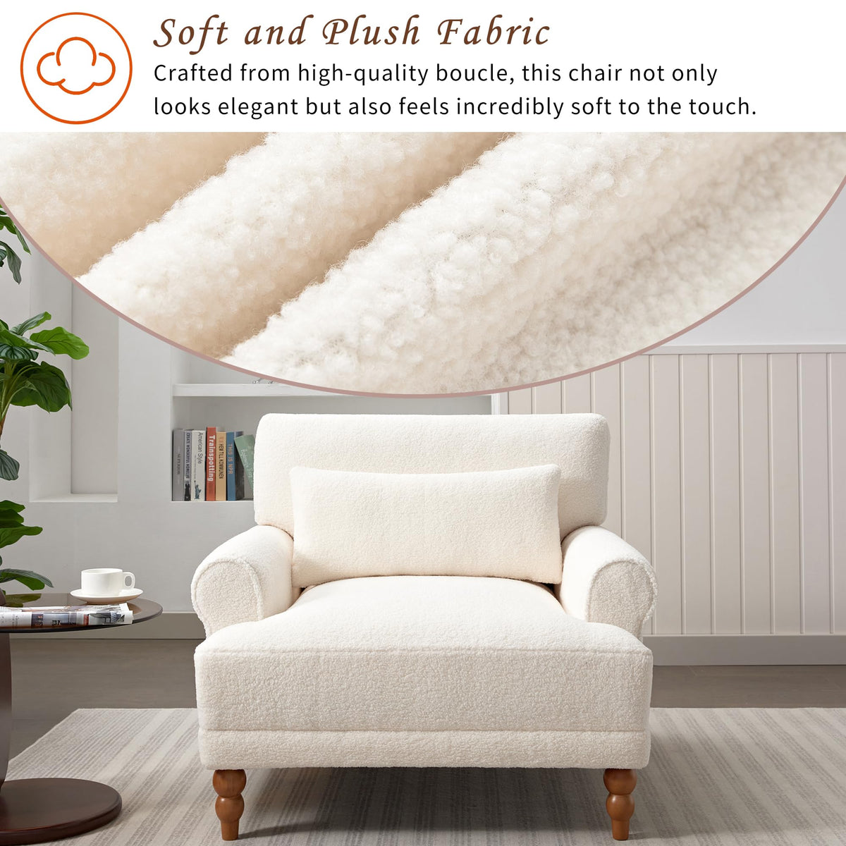 Christopher Knight Home Accent Chair, Boucle Club Chair, Upholstered Lounge Chair, Large Size Armchair Roman Column Legs, Cozy Reading Single Sofa Chair for Living Room, Bedroom, Home Study, White
