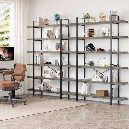 6 Tier Book Shelf, 47'' Wide Wood Industrial Bookshelf, 120lbs Shelf Capacity, Open Storage Shelves, 80'' Tall Heavy Duty Display Shelving, Rustic Grey Bookcase for Bedroom,Living Room,Office - 2Pcs
