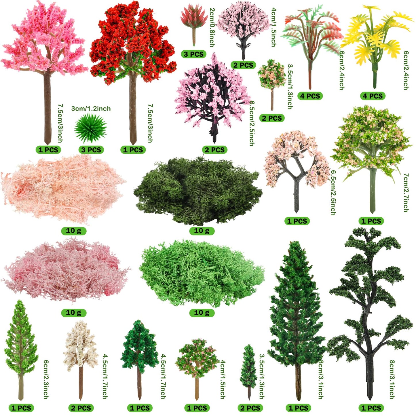QUOZUO 36 Pcs Mixed Model Trees with 40g Moss Pink and Green, Diorama Trees Grass Mini Fake Miniature Trees Moss for Building Model, Model Train Scenery, Natural Green Landscape, Railroad Scenery
