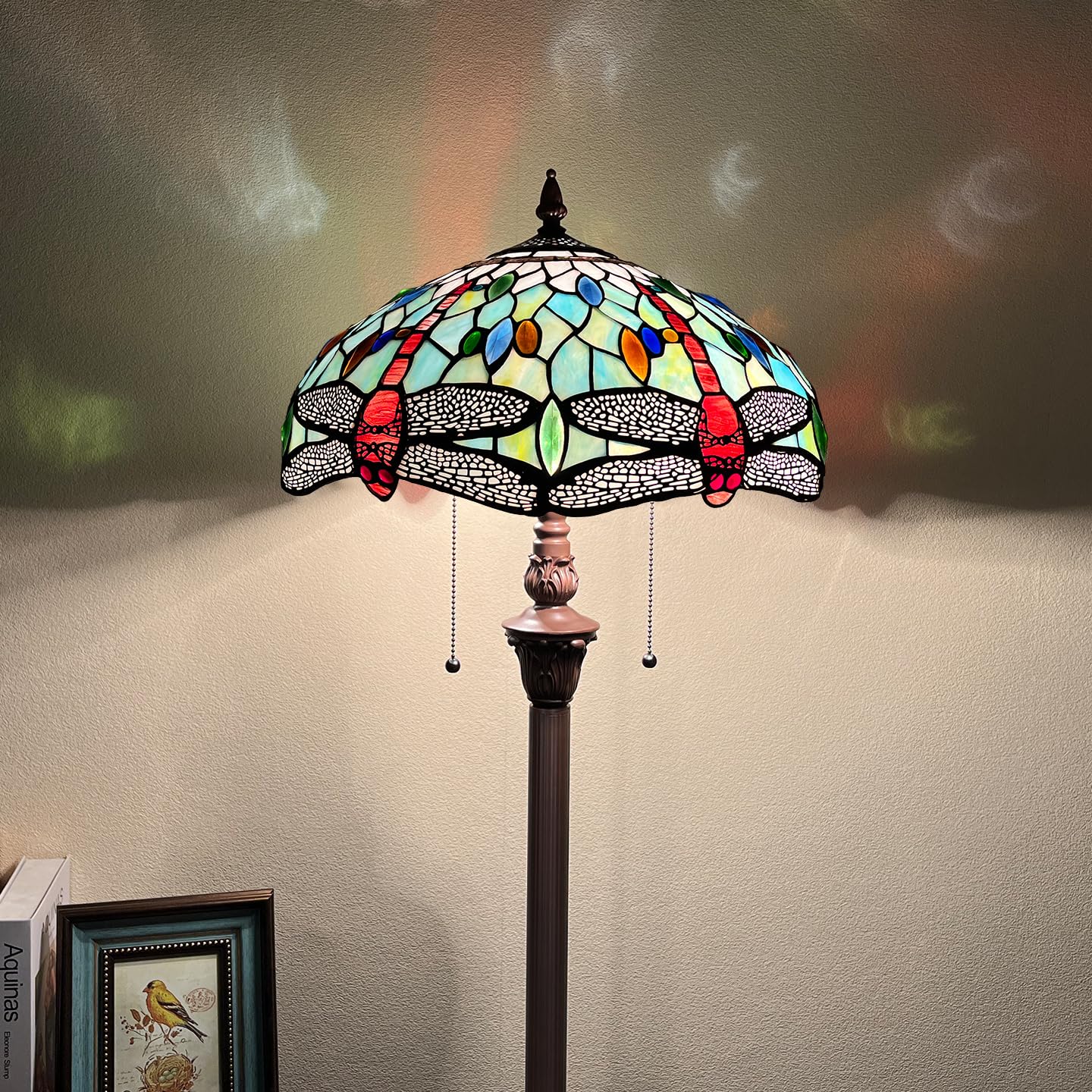 Capulina Tiffany Lamp Stained Glass Floor Lamp 2-Light 63 Inches Tall Industrial Dark Bronze Pole Fine Sky Dragonfly Tiffany Style Standing Floor Lamp for Living Room Bedroom Home Office