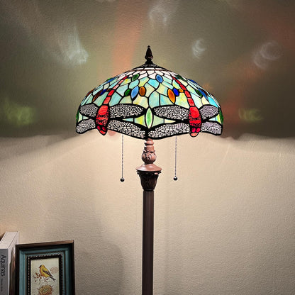 Capulina Tiffany Lamp Stained Glass Floor Lamp 2-Light 63 Inches Tall Industrial Dark Bronze Pole Fine Sky Dragonfly Tiffany Style Standing Floor Lamp for Living Room Bedroom Home Office