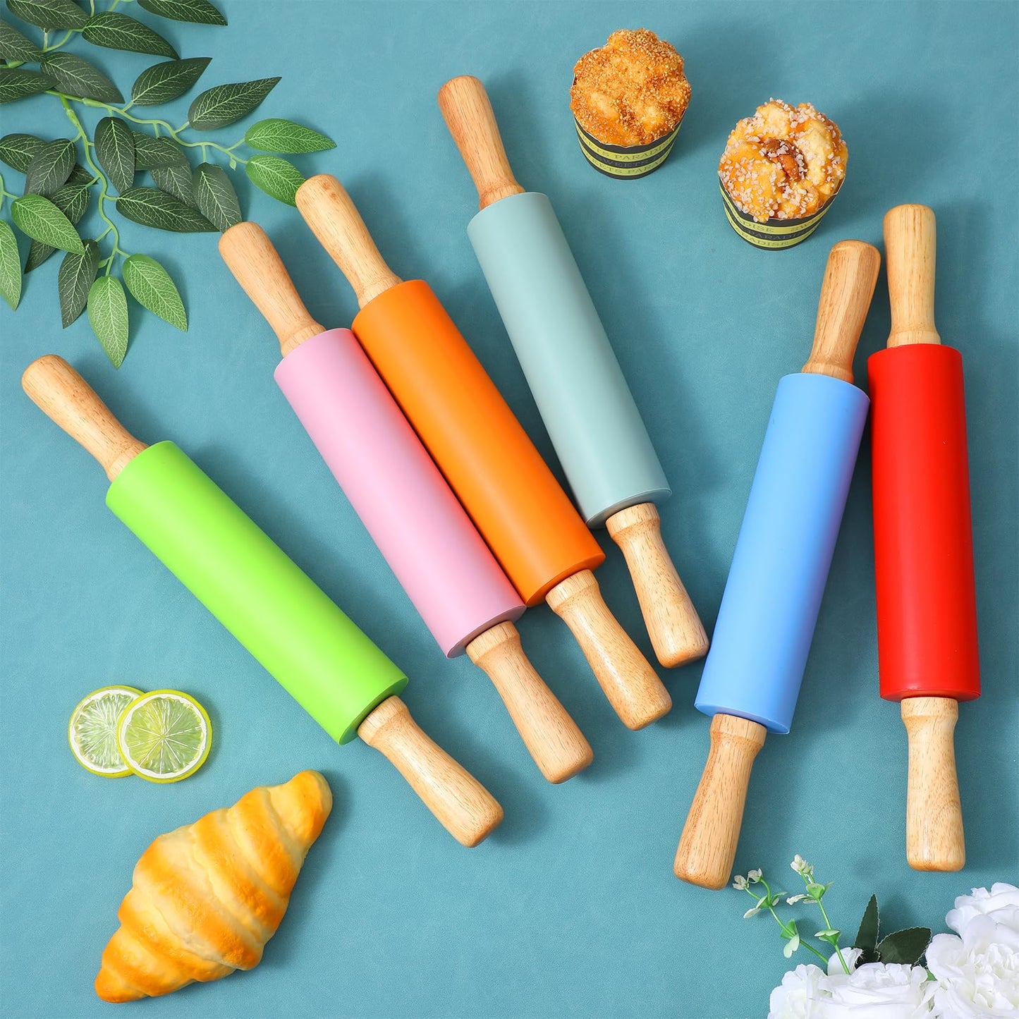 6 Pack 15 Inch Silicone Rolling Pins for Baking, Rolling Pin Non Stick with Wooden Handle, Small Rolling-Pins for Dough, Cookie, Pastry, (6 Colors)