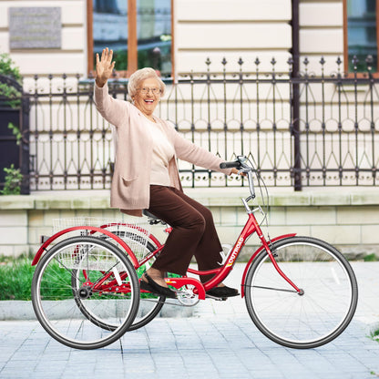 MarKnig 1 Speed Adult Tricycle, 24 Inch 3 Wheel Bikes with Large Basket, Cruiser Bike for Women/Men/Seniors, Adult Trike for Outdoor/Shopping/Recreation/Picnic (Red)