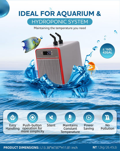 Erfolkerz 1/10 HP Aquarium Chiller– 42gal (160L). for Axolotls, Fish Tanks, hydroponics. Sea & Fresh Water Compatible. Includes Pump, nozzles & Hoops. Ideal for Coral & Shrimp 110V