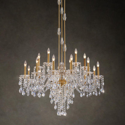 Duluyiee 18-Light Crystal Candle Chandelier, Brass Gold Chandelier for Foyer, Staircase & High Ceiling Living Room, Adjustable Height, E12 Base