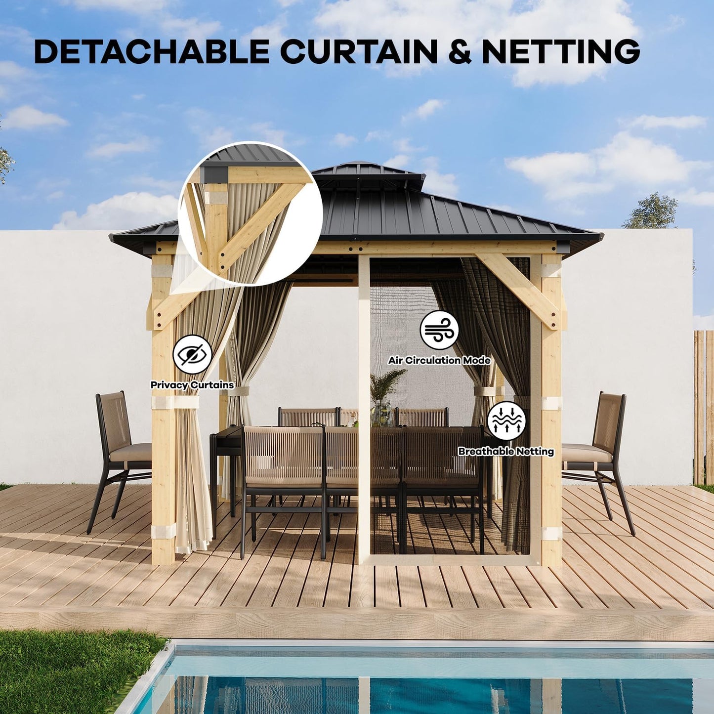 10x10 FT Outdoor Hardtop Wood Gazebo with Cedar Frame, Double Galvanized Steel Roof, Patio Pavilion with Curtains, Mesh Netting & Ceiling Hook for Backyard, Deck, Lawn, Garden