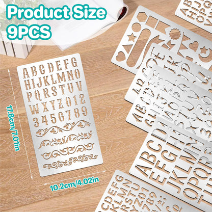 9Pcs Metal Letter Number Stencils,7×4 Inch Reusable Alphabet Symbol Stencil,Small Engraving Wood Burning Template for Wood Wall Painting,DIY Crafts,Journaling,Scrapbooking&Art Projects School Supplies