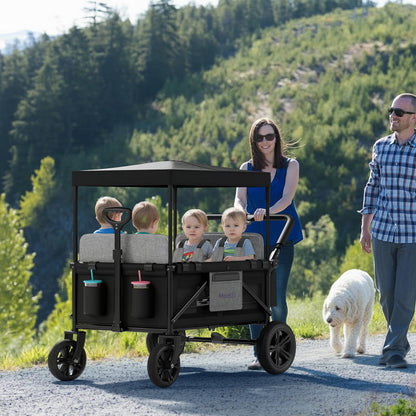 MomZi 4 Seater Wagon Stroller for Kids, Collapsible Wagon Stroller with Removable Canopy, Foldable Stroller Wagon with Seat and Storage Pocket for Baby Toddlers Black