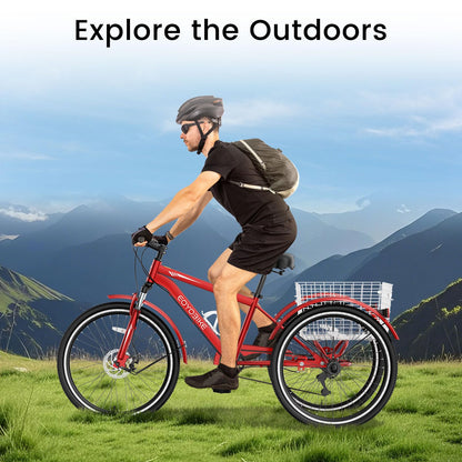 EOYOBIKE 7-Speed Adult Mountain Tricycle, 24/26/27.5 Inch 3-Wheel Bike for Seniors, Men's and Women's Trike with Large Rear Basket for Exercise & Shopping