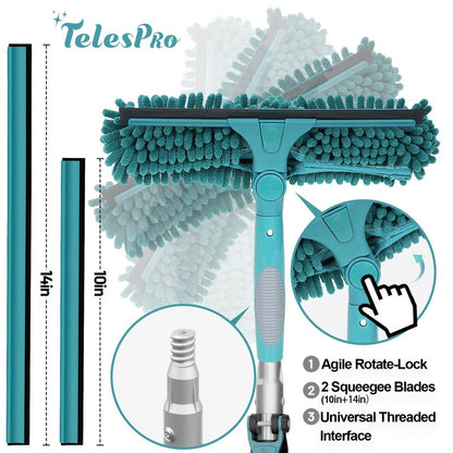 TelesPro 20 Feet High Reach Window Squeegee with 5-12Ft Extension Pole, Window Cleaner Tool with 3-Stage Telescoping Pole, Window Cleaning Kit with Rotatable Head (2 Squeegee & 2 Microfibre Cloths)