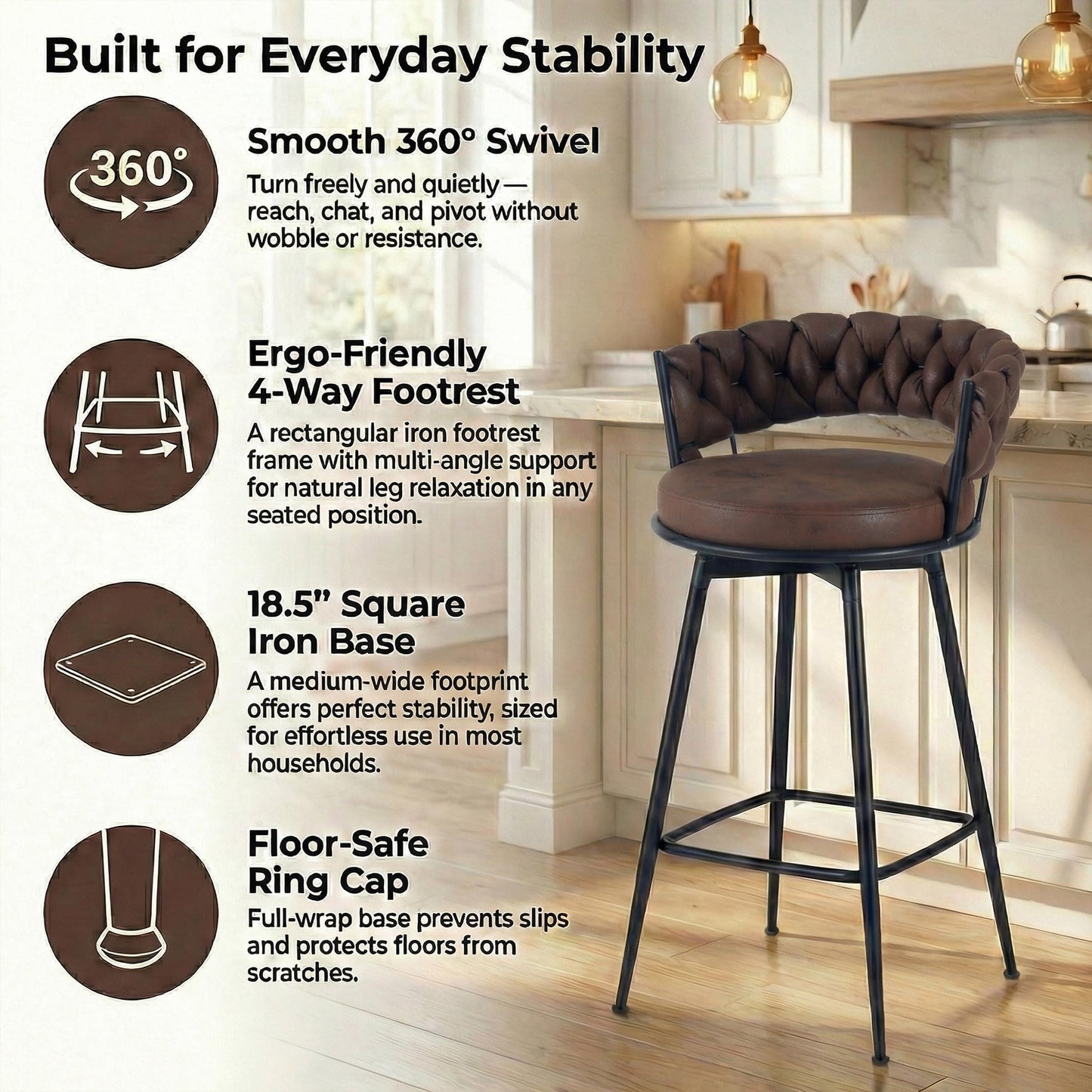 YOUNUOKE 360° Swivel Bar Stools Set of 2, 28 inch Seat Height Barstools with Woven Low Back, Metal Straight Legs with Footrest, Fabric Bar Stool for Kitchen Island, Bar & Pub (2 PCS, Dark Brown)