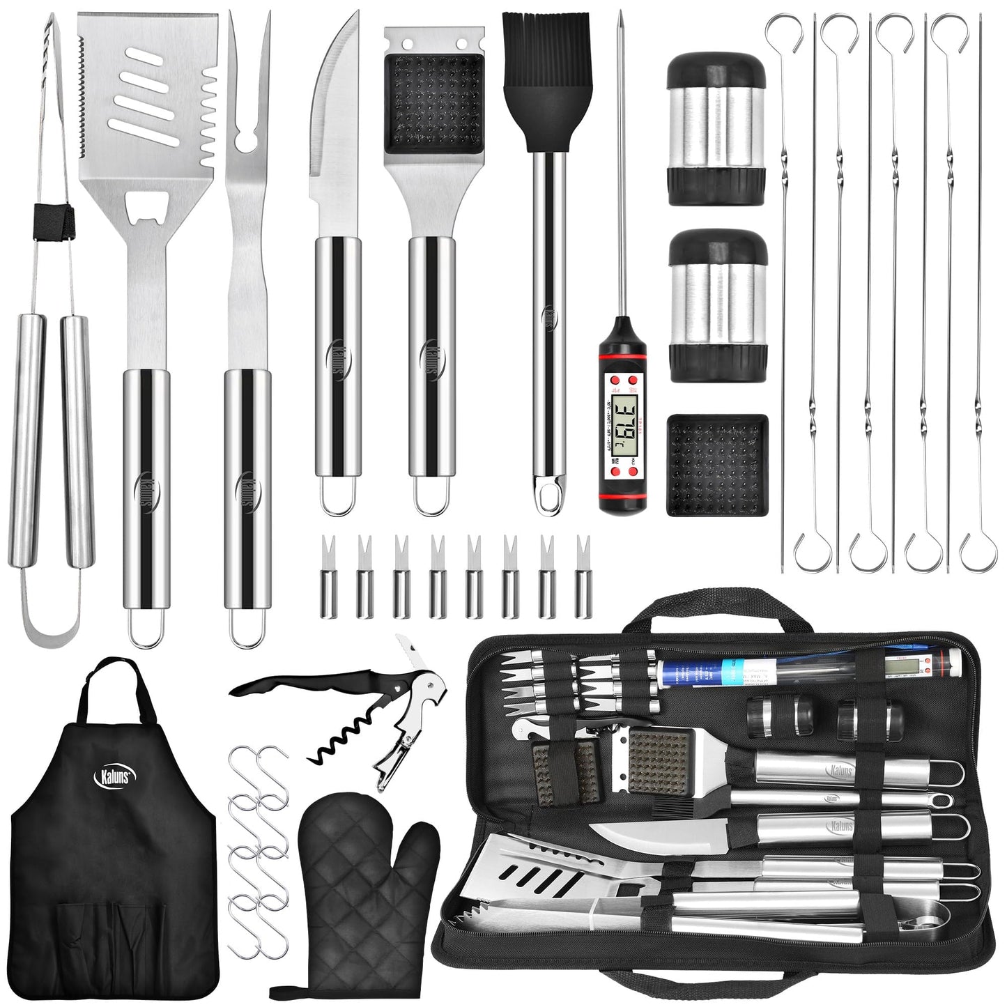 Kaluns Grilling Accessories, Dad Gifts for Fathers Day, Heavy Duty Stainless Steel Grill Set BBQ Grill Accessories for Outdoor Grill with Meat Thermometer, Case and Apron