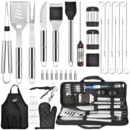 Kaluns Grilling Accessories, Dad Gifts for Fathers Day, Heavy Duty Stainless Steel Grill Set BBQ Grill Accessories for Outdoor Grill with Meat Thermometer, Case and Apron