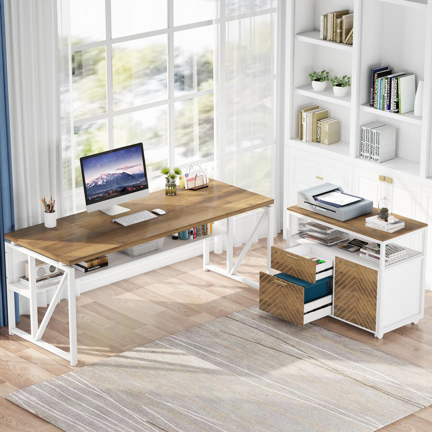 Tribesigns L Shaped Desk with Drawer,63" Executive Computer Desk and lateral File Cabinet, 2 Piece Home Office Furniture for Hanging File, Cabinet with Doors