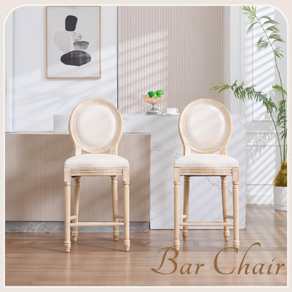 26" French Country Counter Height Chairs Set of 2,Upholstered Round-Back Bar Stools with Solid Wood Frame,Brushed Wire-Drawing Finish, Disassemblable Design for Kitchen,Living Room,Restaurant, Beige