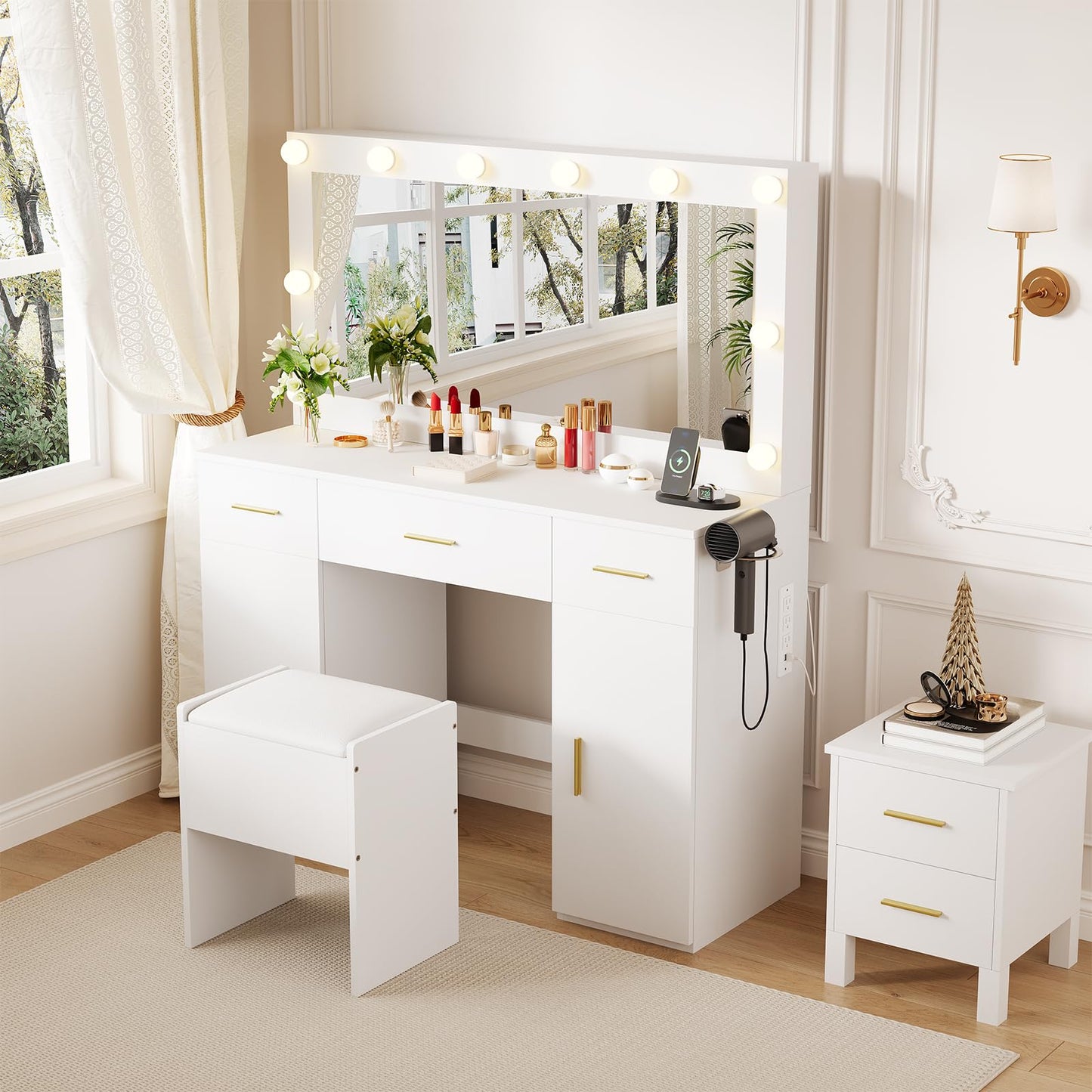 IDEALHOUSE Makeup Vanity Desk with Mirror and Lights, Modern White Vanity Table with Drawers, Charging Station & Storage Stool, Wood Make Up Vanity Set for Bedroom Apartment