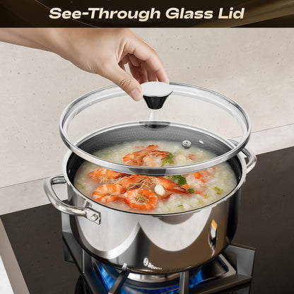 ZEROPAN Hybrid Nonstick 2-Quart Stockpot,8 Inch Stainless Steel Stockpot with Glass Lid,PFAS PFOA PTFE Free, Dishwasher-Friendly, Oven-Safe Up to 600°F,Non-stick Soup Pot Compatible with All Cooktops