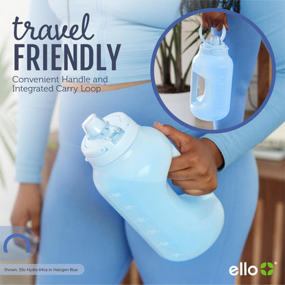 Ello Hydra 64oz Half Gallon Water Jug with Handle and Motivational Time Markers for All Day Hydration, Plastic Reusable Water Bottle with Straw and Locking, Leak Proof Lid, BPA Free, Halogen Blue