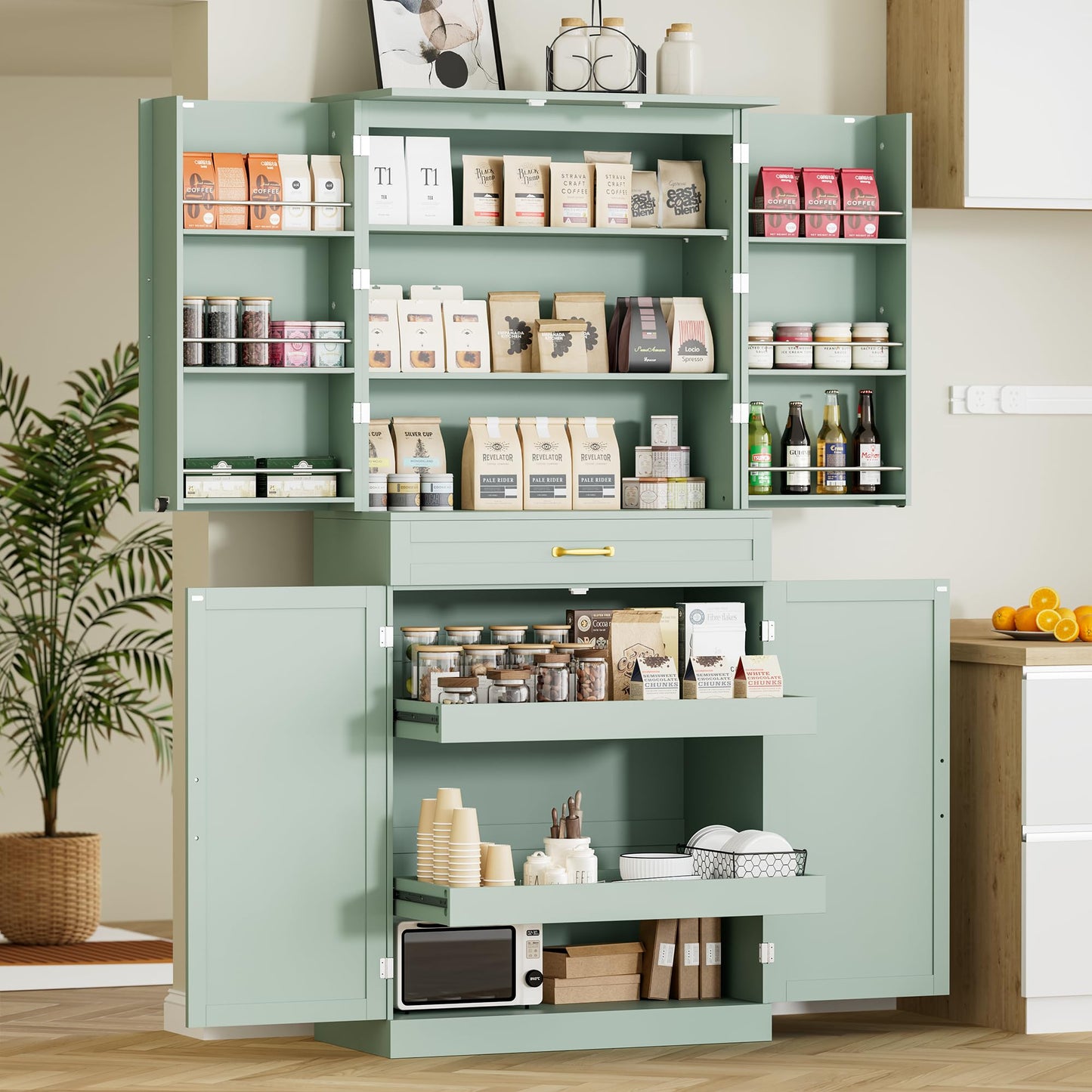 HQZX 71’’ Tall Kitchen Pantry Cabinet, Pantry Storage Cabinet with 6 Doors Shelves, Large Drawer & 2 Pull Out Shelves, Freestanding Cupboard for Kitchen, Dining Room, Green