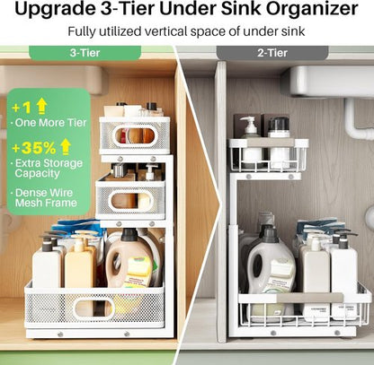 Kitstorack Under Sink Organizer - 2-Pack Adjustable 3-Tier Metal Storage Shelf | Ideal for Bathroom & Kitchen