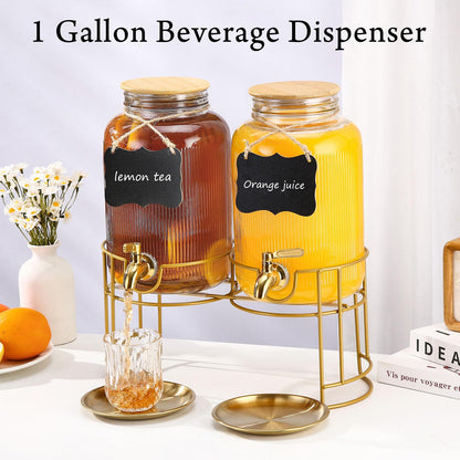 Drink Dispensers For Parties- 1 Gallon Beverage Dispenser with Stand and Spigot 18/8 Stainless Steel Leak-proof- Sun Tea Glass Jar For Outside, Juice Lemonade Dispenser