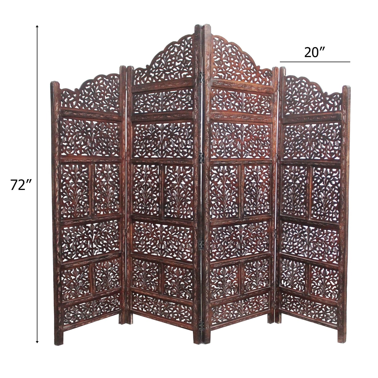 Room Divider Wood Screen - Mahanadi Antique Brown - 4 Panel Folding 72x80 - Wooden Hand Carved Screen Decorative Functional Versatile - Small Spaces Reversible Privacy Partition - COTTON CRAFT
