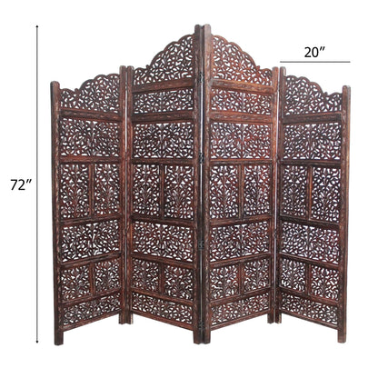 Room Divider Wood Screen - Mahanadi Antique Brown - 4 Panel Folding 72x80 - Wooden Hand Carved Screen Decorative Functional Versatile - Small Spaces Reversible Privacy Partition - COTTON CRAFT