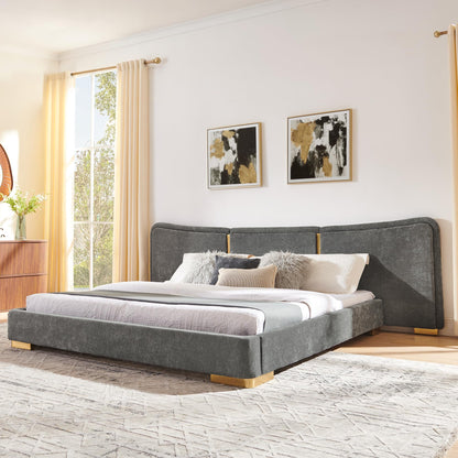 KEIKI King Size Platform Bed Frame Modern Upholstered with Curved Headboard, Chenille Fabric and Electroplated Metal Legs, No Box Spring Needed, Flexible DIY Side Space Design, Dark Gray