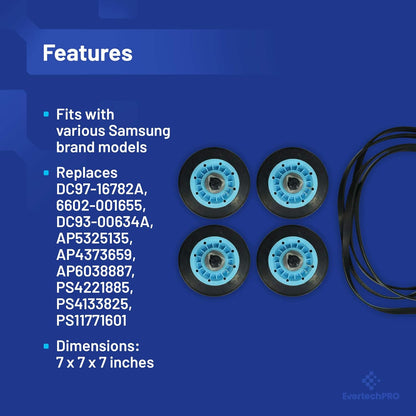 DC97-16782A-5PCKIT All-in-one Repair Maintenance Kit for Samsung Dryer Includes Drum Roller and Belt Replacement