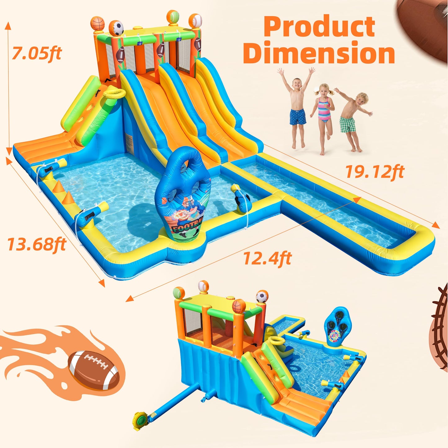 TOAOB Inflatable Water Slide for Kids 3-12: Blow Up Backyard Water Park with 2 Slides - 9 in 1 Football-Themed with 550W Blower for Outdoor Birthday Party
