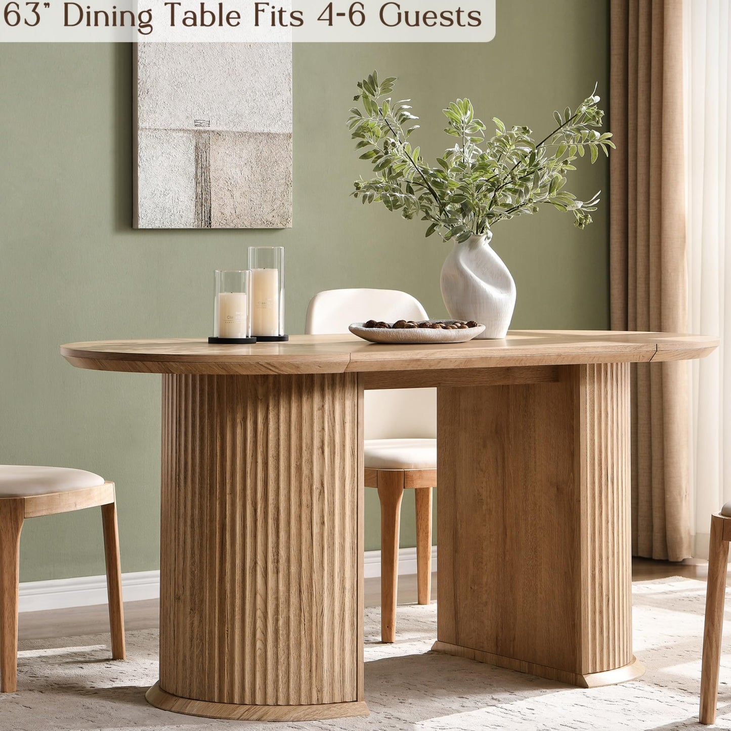 T4TREAM 63" Fluted Oval Dining Table for 4-6, Mid-Century Modern Kitchen Table with Thickened Edge & Semi-Cylindrical Base, Wood Table for Dining Room/Kitchen/Home Office, Natural Oak (Table Only)