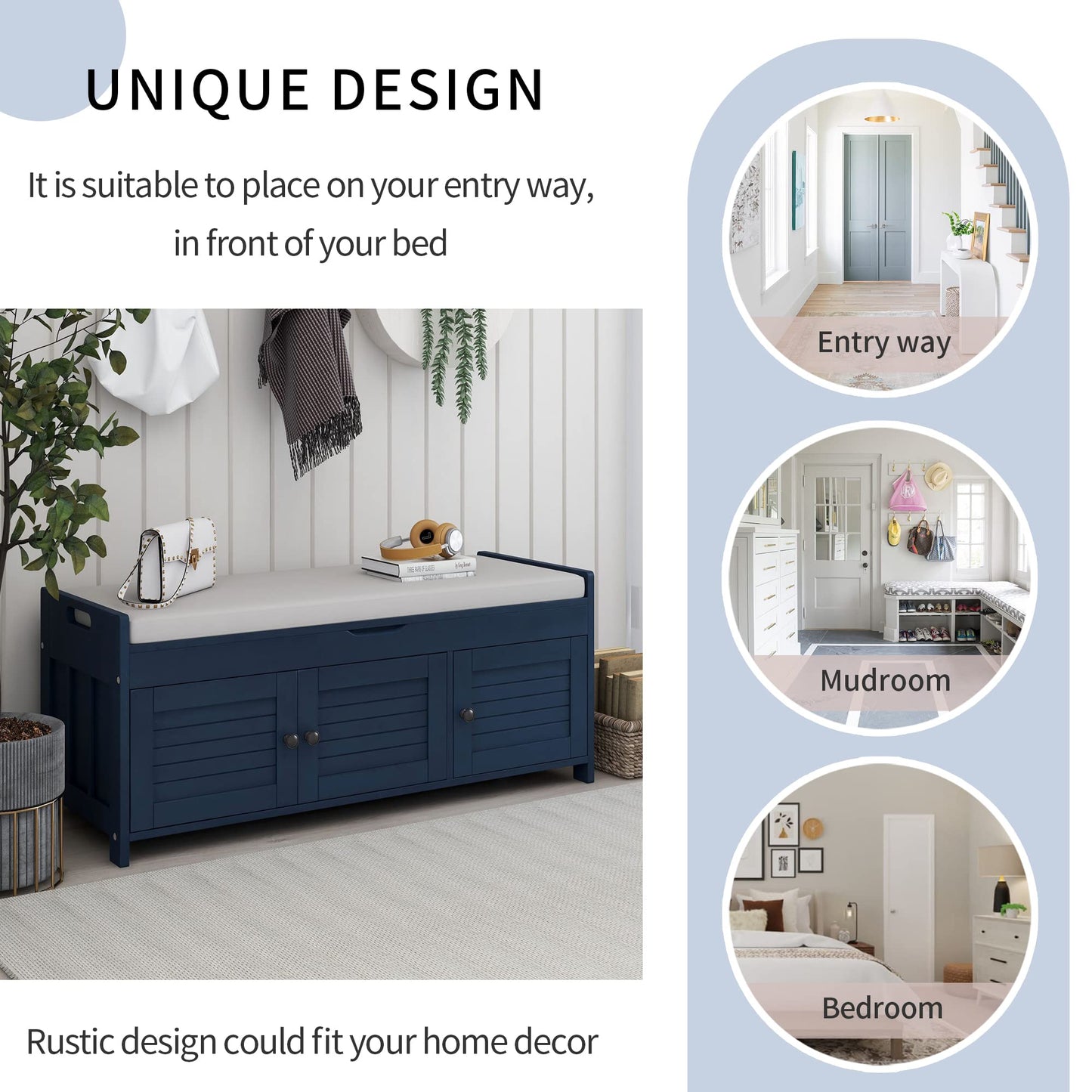 Merax Farmhouse Wood Shoe Bench with Seat Cushion Window Storage Cabinets for Entryway Hallway Living Room Antique Navy