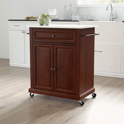Crosley Furniture Compact Stone Top Small Rolling Cart with Shelves, Microwave Stand with Towel Rack, Mahogany