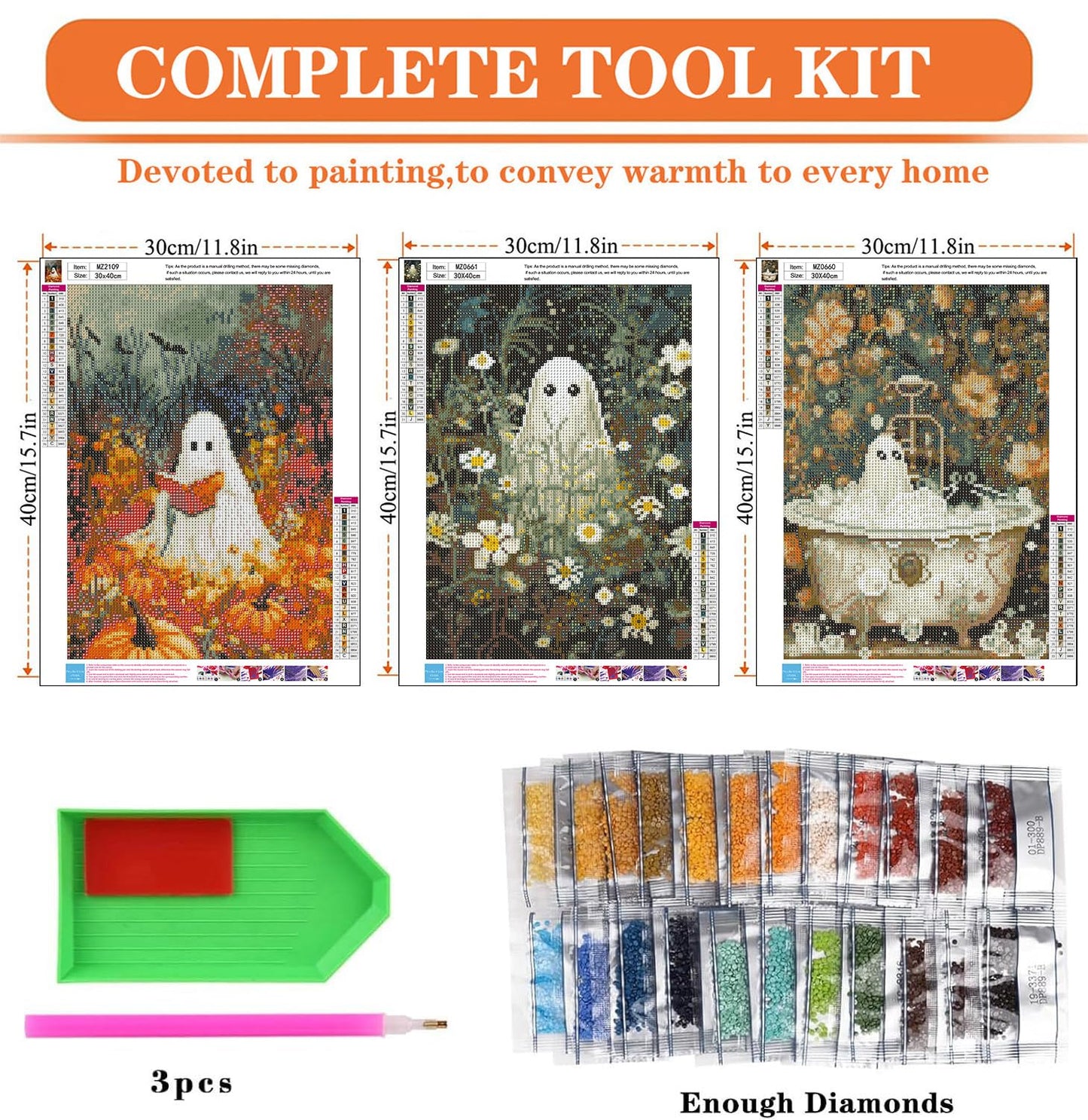 igoodom 3 Pack Halloween Diamond Art Kits for Adults, Halloween Ghosts Diamond Painting Kit, Full Drill Round Diamond Art Kits, DIY Gem Art and Crafts for Home Wall Decor Gift 12x16inch