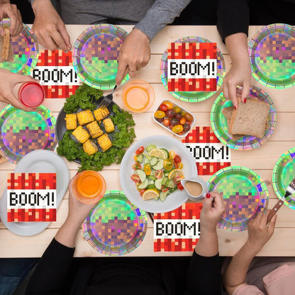 50Pcs Iridescent Pixel Party Plates and Napkins Set Video Game Disposable Tableware Set Pixel Dessert Plates Gaming Party Supplies Birthday Decorations for Kids Baby Shower Teen Gamer Serve 25