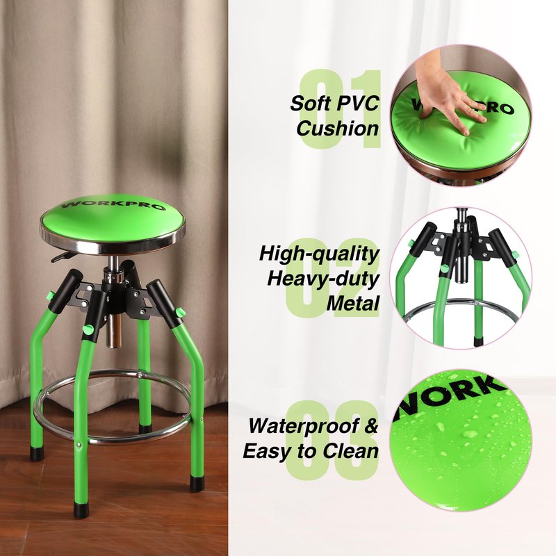 WORKPRO Garage Bar Stool, Heavy Duty Adjustable Hydraulic Shop Stool, 29in to 33. 86in, 330-Pound Capacity, Green