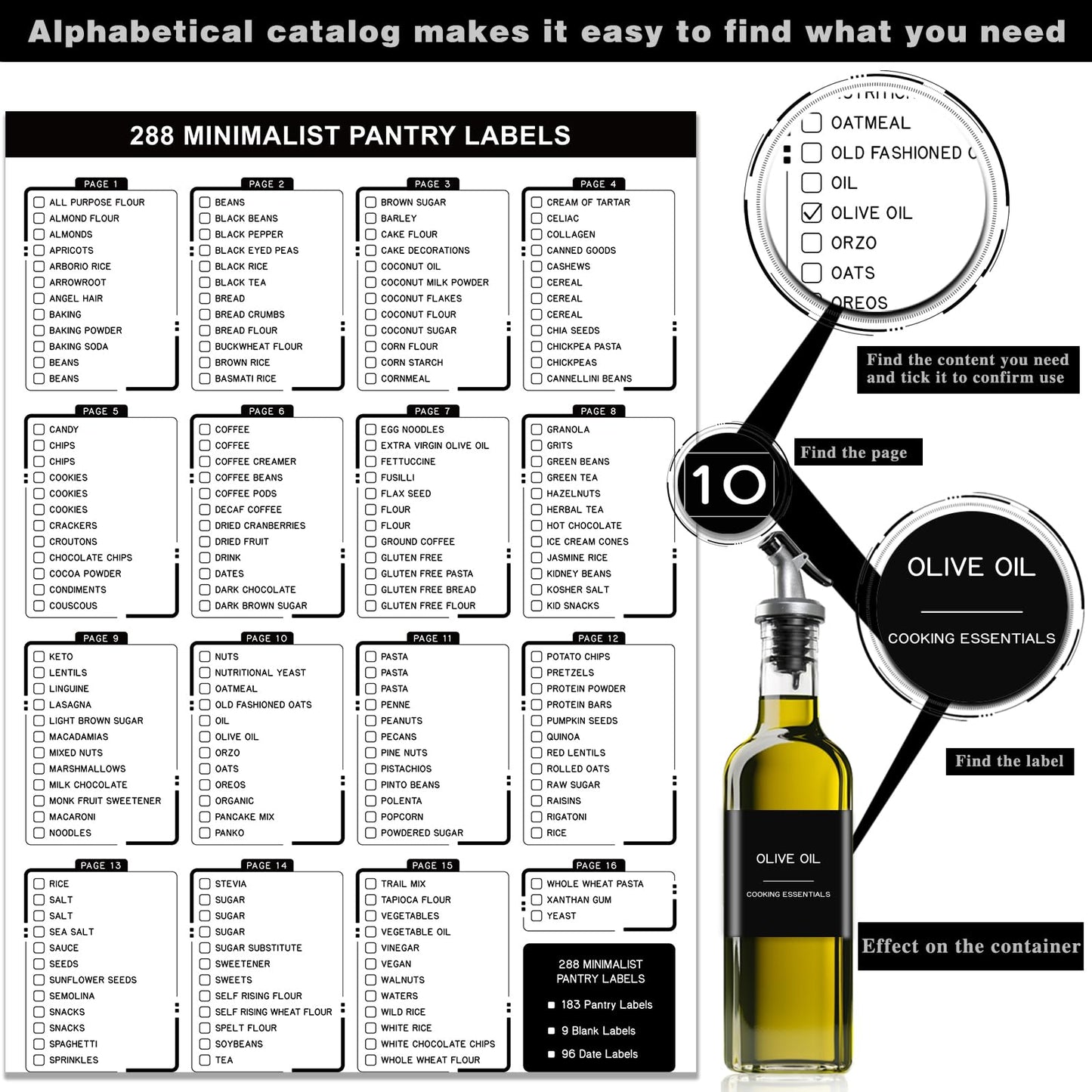 Kuocodall 288 Pantry Labels for Food Containers, Black Preprinted Minimalist Waterproof Stickers for Organizing Storage Bins, Jars and Kitchen