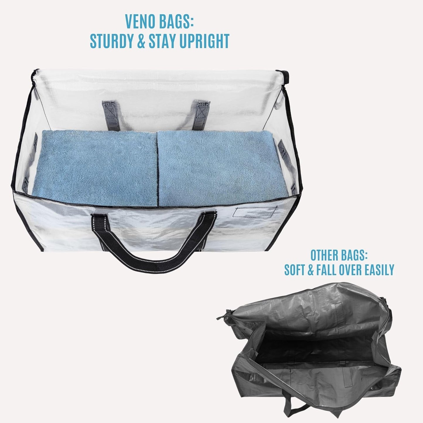 VENO 8 Pack Moving Bags, Heavy Duty Totes with Lids, College Packing Storage Boxes, Extra Large, Sturdy Handles, Zipper