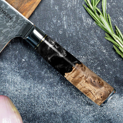 SENKEN 7-Piece Damascus Kitchen Knife Set - Tsunami Collection - 67-Layer Japanese VG10 Steel - Chef's Knife, Cleaver, Santoku, Bread, Boning, & More (Black Resin Blend)