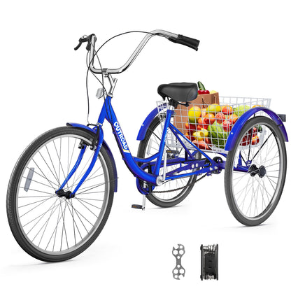 MarKnig Single Speed Adult Tricycle, 3 Wheel Bikes with Large Basket, Cruiser Bike for Women/Men/Seniors, Adult Trike for Outdoor/Shopping/Recreation/Picnic(26Inch Blue)