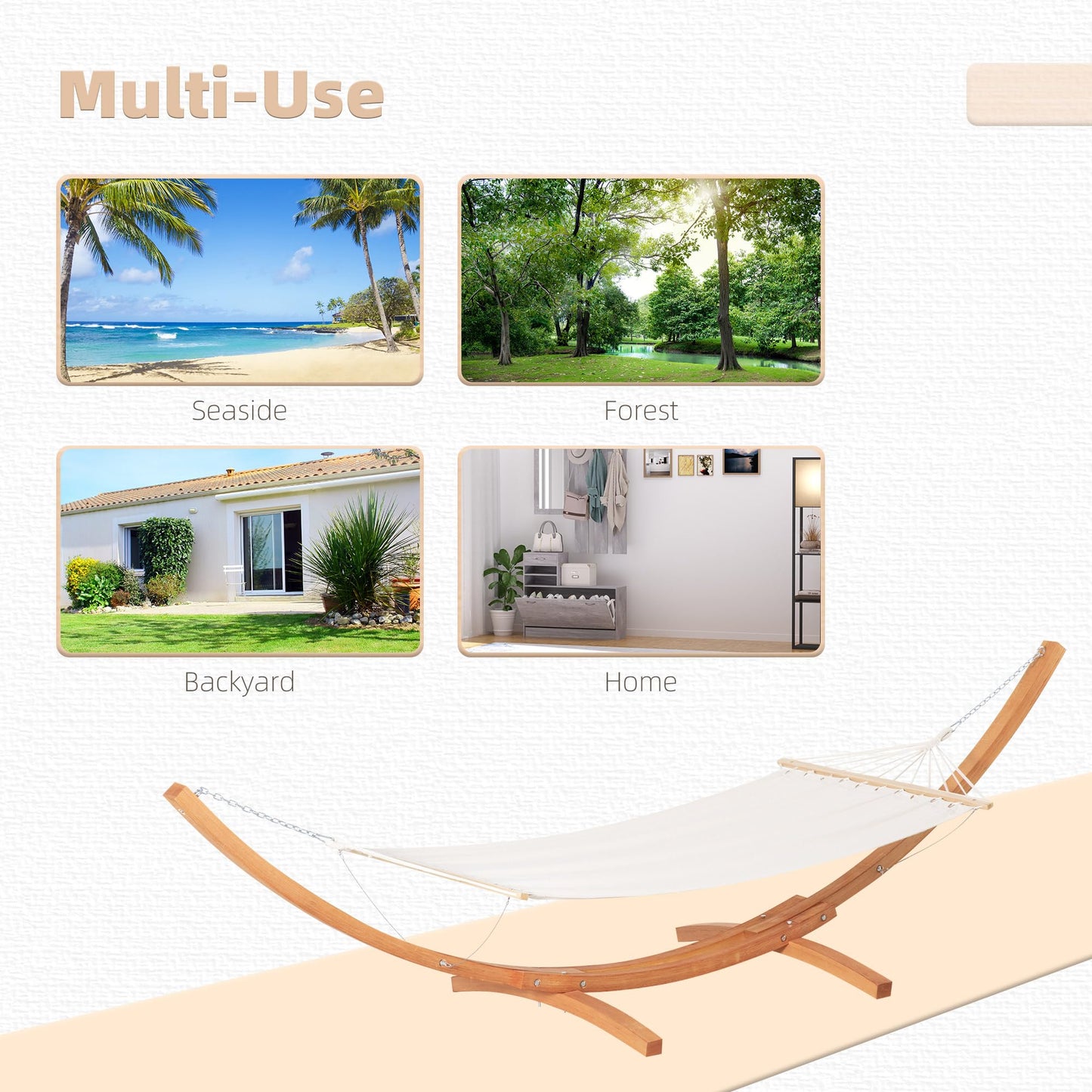 Outdoor Hammock with Stand, Extra Large 12.8' Heavy Duty Wooden Frame, Boho Style Nap Bed, Natural Cotton, 330 lbs Capacity, White