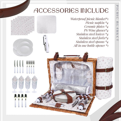 Picnic Baskets Wicker Willow Picnic Set for 4 Persons with Insulated Cooler Bag and White Floral Waterproof Picnic Blanket Gift for Christmas Thanksgiving Wedding Birthday Camp Outdoor Beach Travel