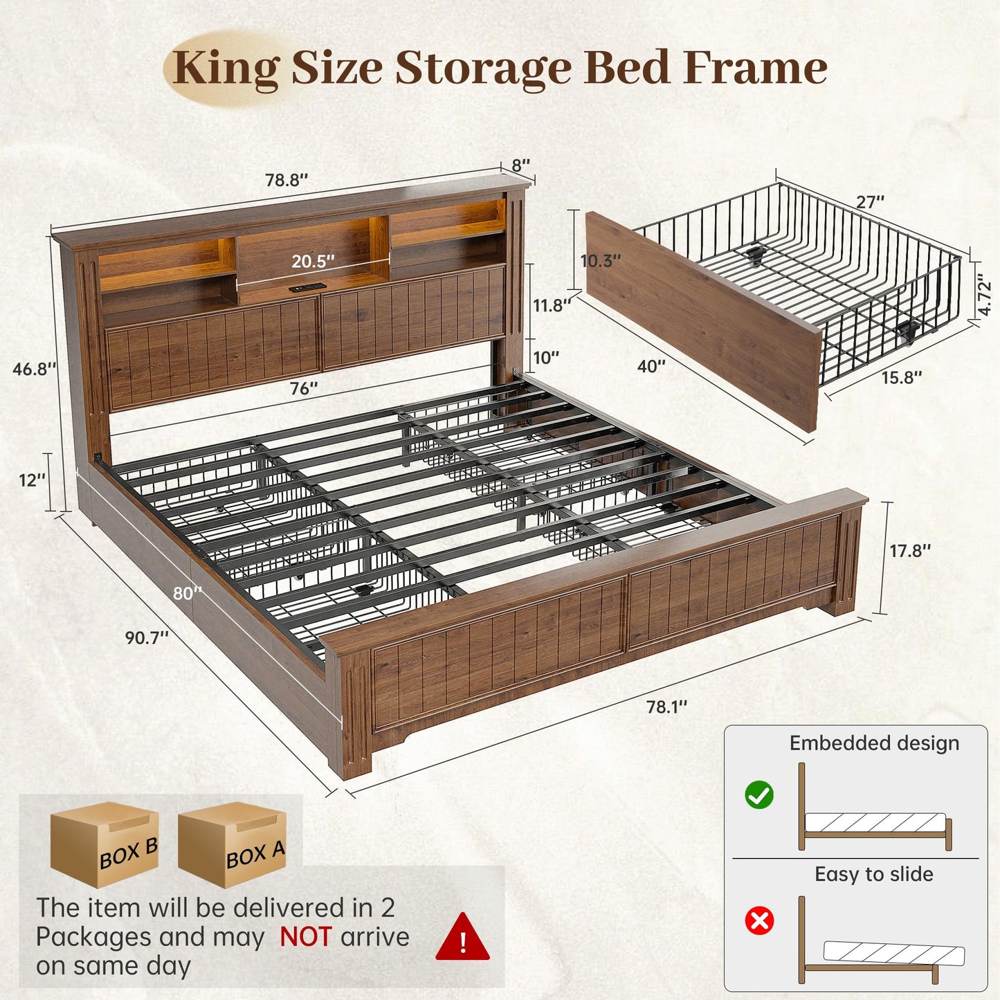 EnHomee King Size Bed Frame with 4 Storage Drawers and Headboard,LED Lights & Charging Ports,No Box Spring Needed for Big House,Noise-Free,Wooden,Brown