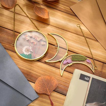 Qunclay 4 Pcs Pressed Flower Frames Bulk Double Glass Floating Hanging Photo Frame Sun Moon Clear Pressed Flower Decor with Chain for DIY Crafts Artwork Display Gallery(Gold,3.5 x 2.5 Inch)