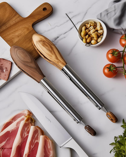 Boxiki Kitchen Wooden Tongs for Cooking - Nonstick Kitchen Salad Tongs for Serving Food, Grilling, Cooking, BBQ and Tossing Salad - Made of Natural Walnut Wood, Size 12-inch