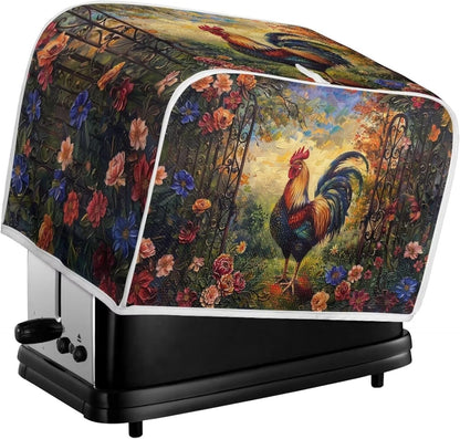 Rooster Flower Toaster Cover, 2 Slice, Brown Washable Dustproof Bread Maker Protector, Kitchen Appliance Gift for Mom