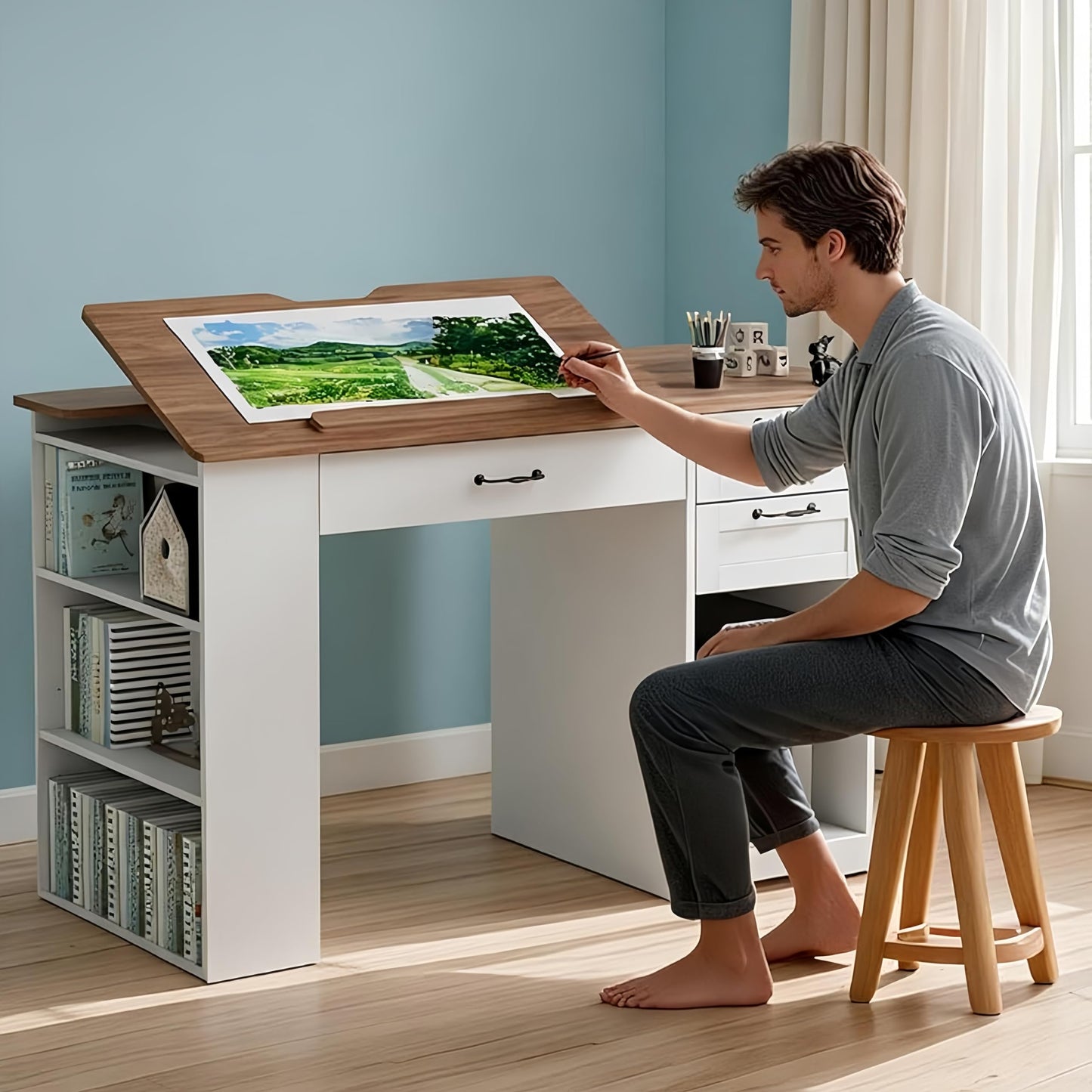 Smilets Crafting Table with Storage Cabinet & Drawers, Adjustable Drafting Table with Open Shelves, Drawing Computer Desk, Painting Desk, Workstation for Home Office Reading, Writing, Craftin